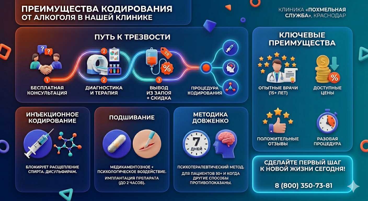 Инфографика о методах кодирования от алкоголя в Аниве: инъекции, подшивание, метод Довженко. Преимущества клиники и этапы лечения.