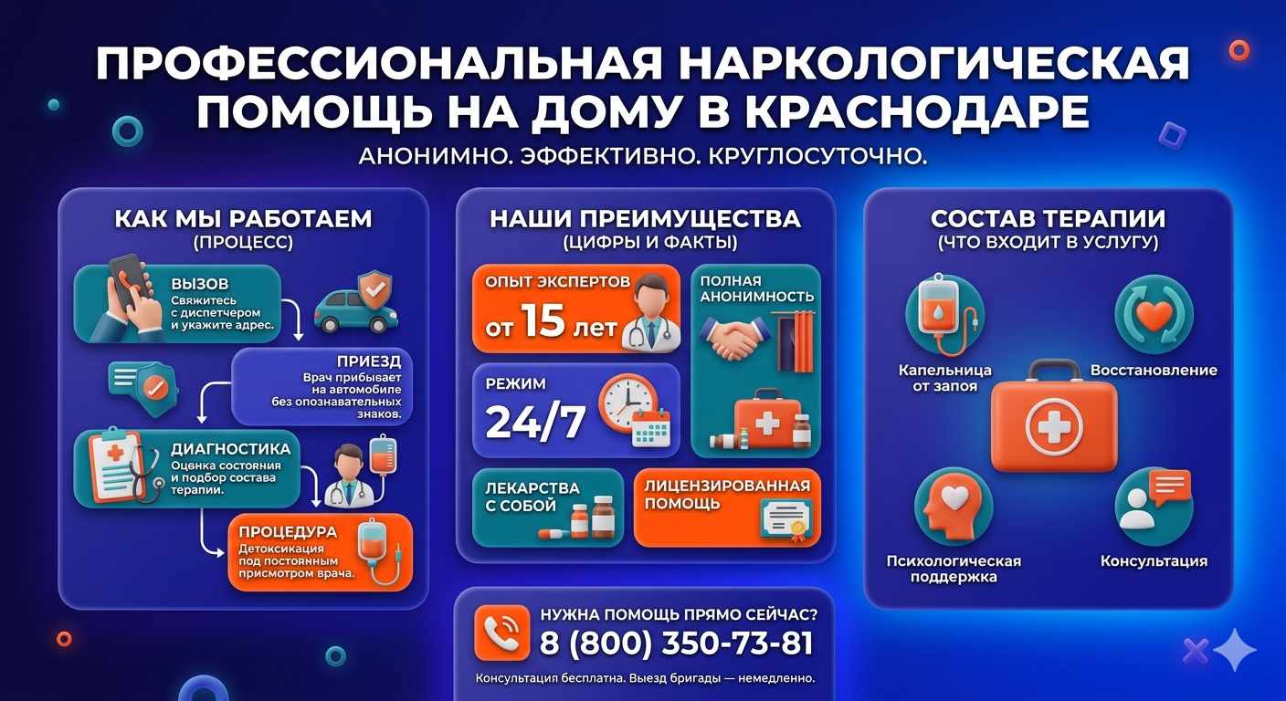 Инфографика о принципах лечения алкоголизма на дому в Аниве: этапы вызова нарколога, преимущества анонимной детоксикации и состав медицинской помощи.